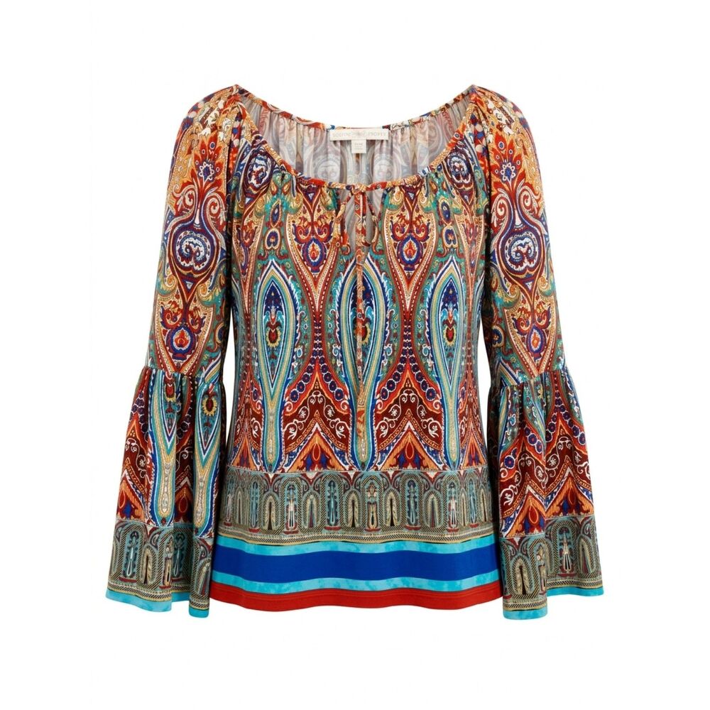 Paisley Multicolor Bohemian Peasant Cottage Fairy Coastal Bell Sleeve Sz L Top